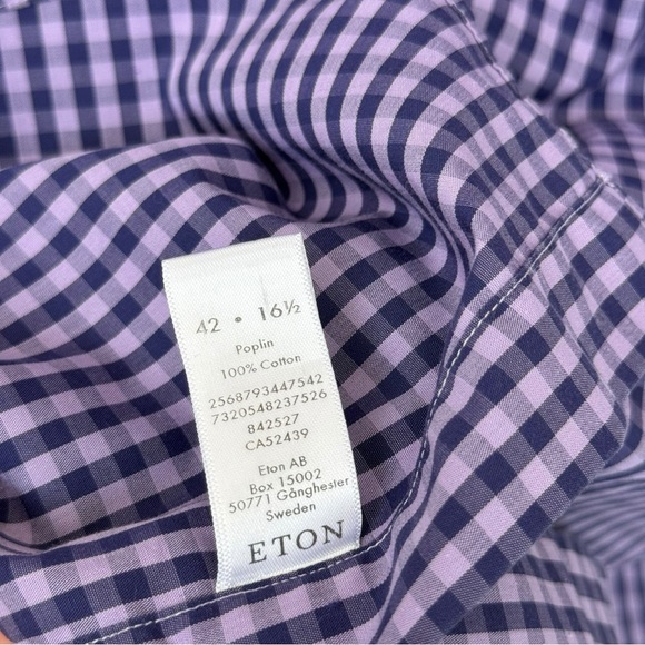 Eton Contemporary Fit Button Dress Shirt Size 42 Neck 16.5 Cotton Purple Check - Picture 5 of 7